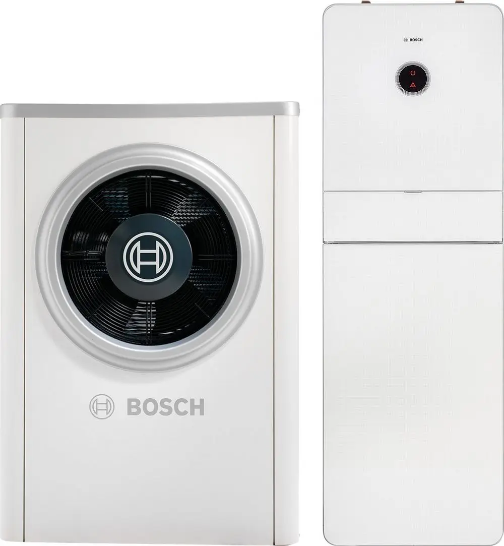 Bosch Luftwärmepumpen-Paket mit Ventilator und Bedienelement, bestehend aus einem Außengerät mit Lüfter und einem Innengerät in schlichten weißen Gehäusen.